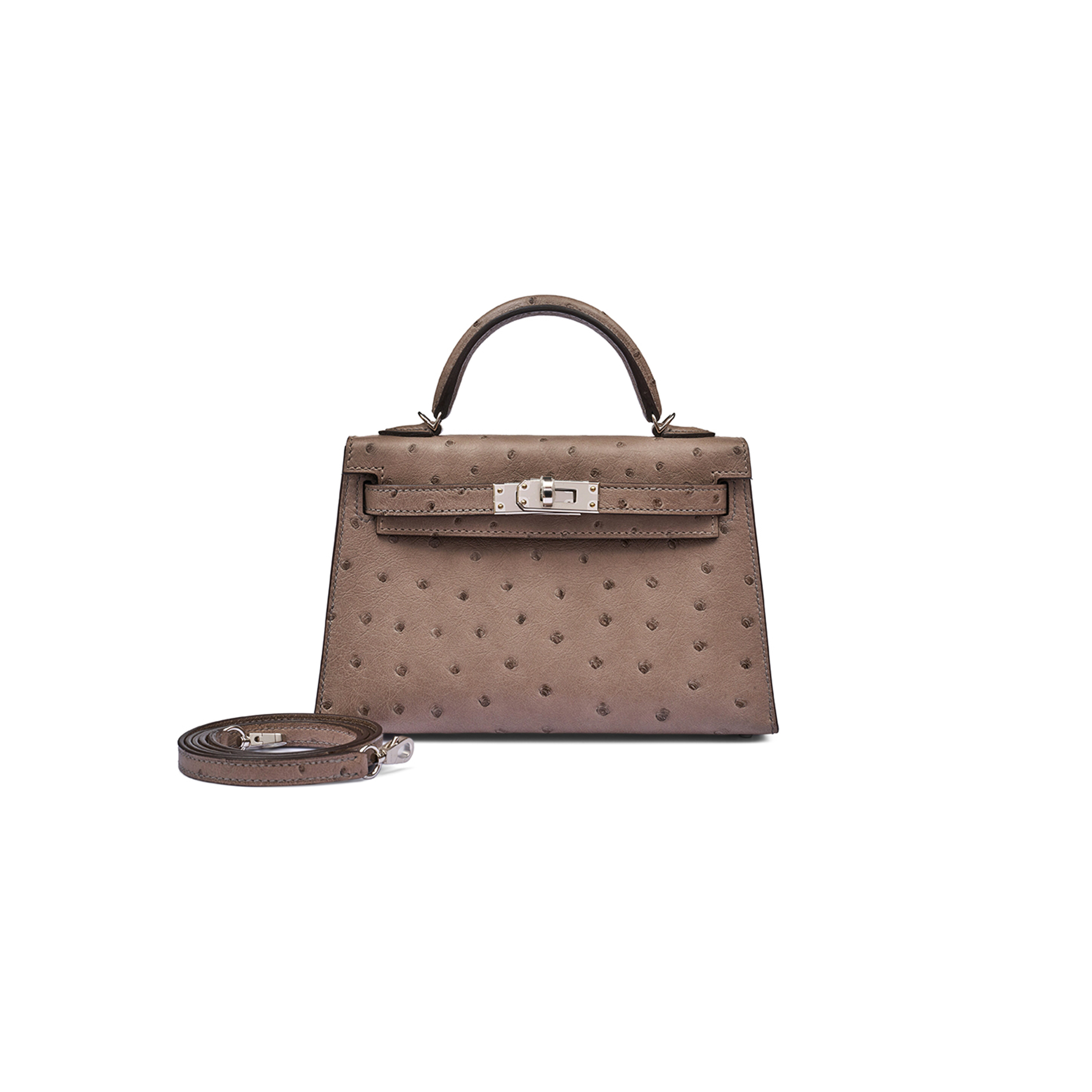 HERMÈS MASTER GRIS TOURTERELLE OSTRICH MINI KELLY II  PALLADIUM HARDWARE (19*12*5.5cm) 